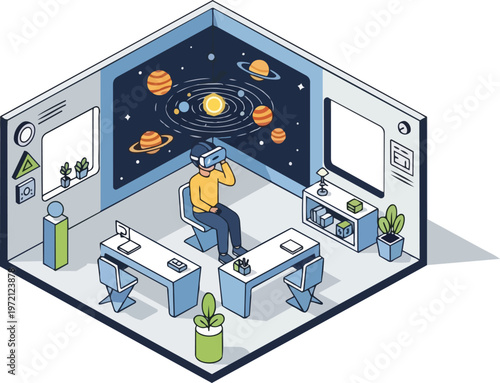 Isometric Man Wearing VR Headset Exploring Space and Solar System in Minimalist Office; Immersive Virtual Reality Education and Technology Concept