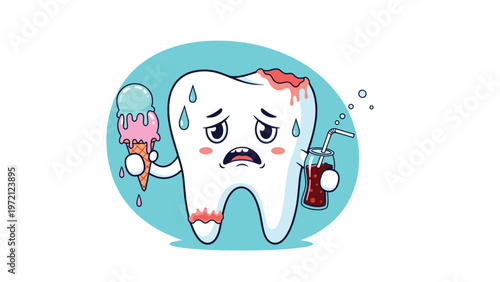 Sad decaying tooth character holds an ice cream cone and a sugary soda cup to show the effects of unhealthy snacking.