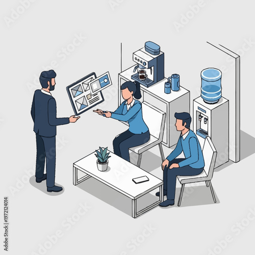 Office workers collaborating and discussing.