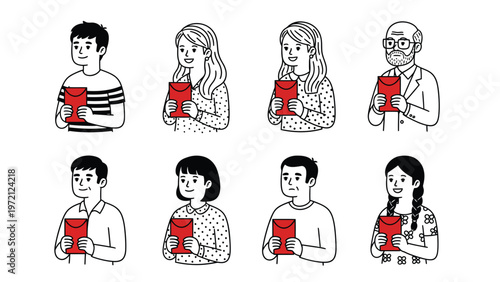 Diverse Group of People Holding Red Envelopes. Illustrations of individuals with traditional gift packets for celebration.