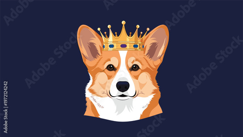 Majestic corgi dog portrait features the pup wearing a detailed golden crown with blue and purple gems on dark blue.