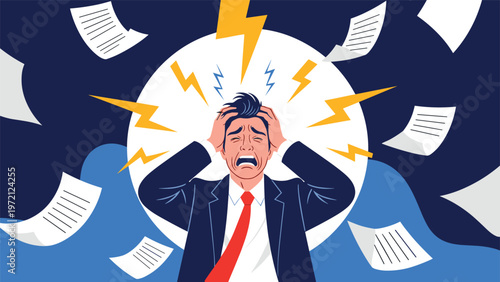 Stressed businessman in a suit holds his head as papers fly around and yellow lightning bolts signify overwhelming work.
