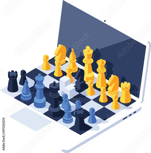 Isometric 3D Laptop with Chessboard and Pieces - Concept for Online Gaming, Digital Strategy, and Business Competition