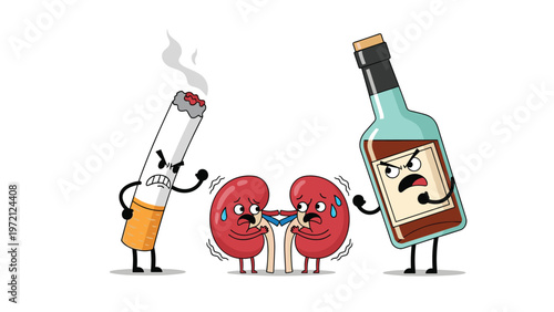 Mean cigarette and alcohol bottle characters bully two small and scared kidney characters in a health awareness ad.