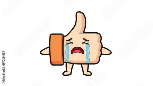 Crying thumbs up character with large blue tears and an orange sleeve expresses sadness or a negative social reaction.