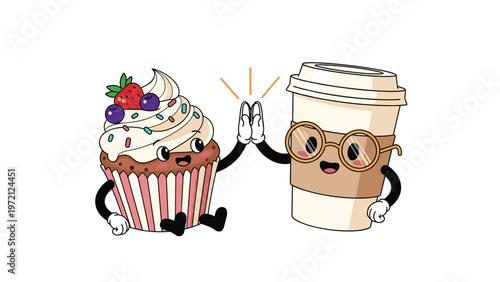 Happy cupcake character and a coffee cup character with glasses give each other a high five in a sweet illustration.