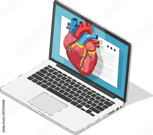 Isometric Digital Health Illustration of a Human Heart on a Laptop Screen, Representing Telemedicine, E-health Cardiology, and Medical Technology Innovation