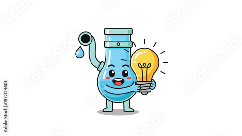 Cute chemistry flask character holds a bright yellow lightbulb to symbolize a scientific breakthrough or new idea.