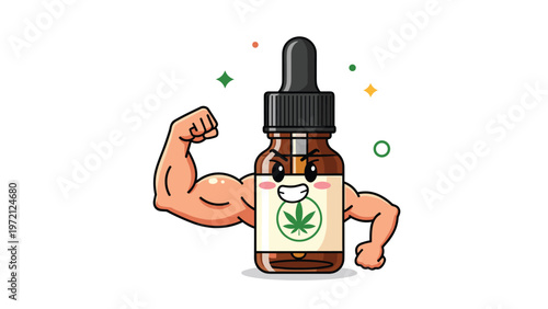 Strong amber glass dropper bottle character with a cannabis leaf logo shows off big muscles for hemp oil strength.