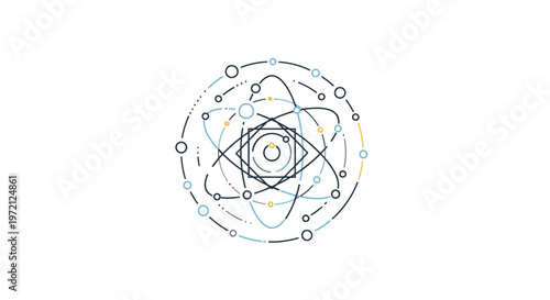 Abstract Atom Structure Illustration. Scientific Molecular Particle Orbiting Nucleus. Technology, Physics, and Data Concept.