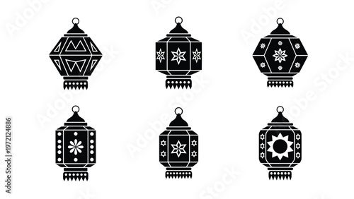 Traditional Decorative Lantern Icons Set. Intricate cultural hanging lamps with geometric and floral patterns in black & white.