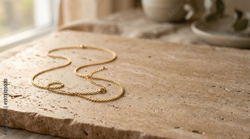 Naklejka premium Elegant gold chain necklace mockup on textured surface for luxury jewelry branding and premium fashion presentation