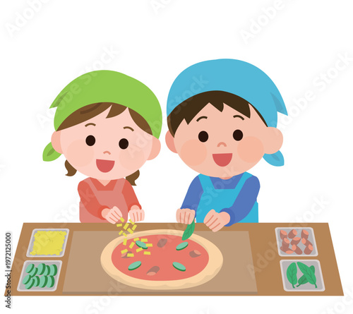 手作りピザに具材をのせる男の子と女の子　イラスト