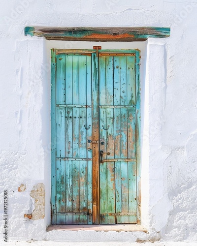 Old rustic blue wooden door to be renovated, almost unpainted, on a white facade