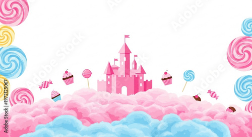 Pink castle on fluffy clouds with colorful lollipops and cupcakes sweet treats and desserts fantasy landscape with candy land elements whimsical scenery