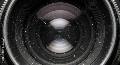 Close-up view of a wet camera lens covered in water droplets and reflections with photography gear
