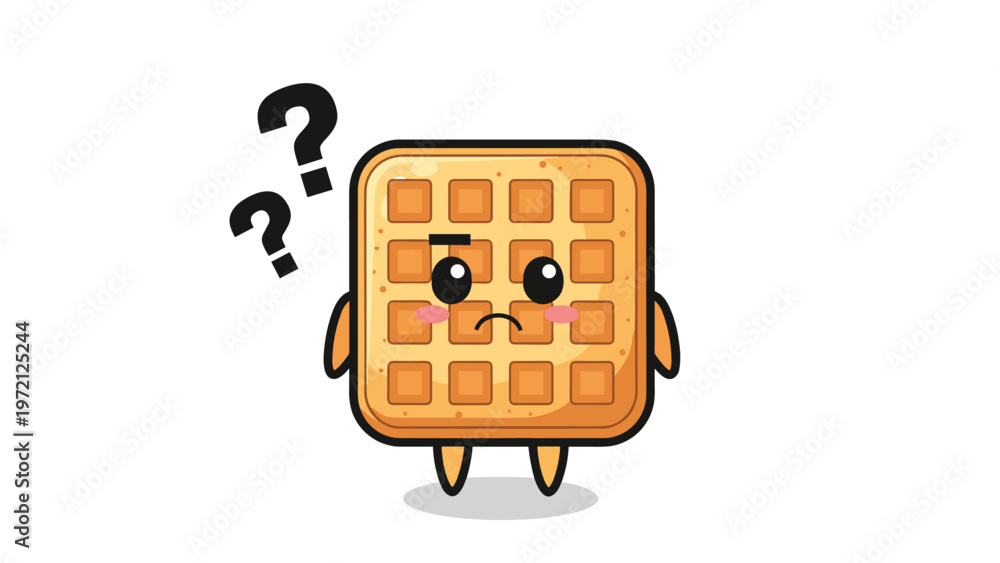 Naklejka premium Confused waffle character looking thoughtful with question marks above its head as a representation of being puzzled or unsure.