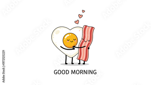 Heart shaped fried egg character hugging a strip of bacon under floating hearts with the greeting good morning underneath.