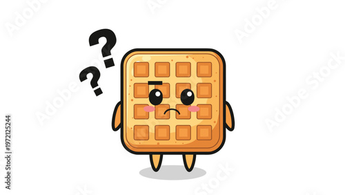 Confused waffle character looking thoughtful with question marks above its head as a representation of being puzzled or unsure.
