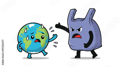 Sweating earth globe character running away from an angry giant plastic bag character to illustrate environmental pollution.