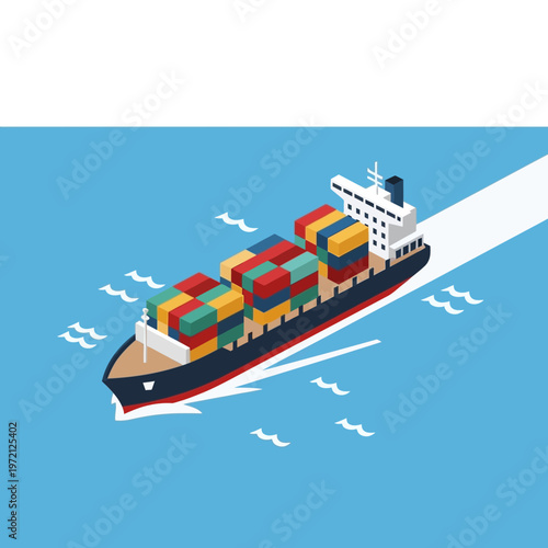 Isometric Cargo Ship Carrying Colorful Containers on Blue Water.