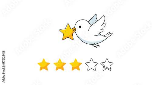 White bird flying while carrying a gold star in its beak above a three star rating scale to show evaluation or feedback.