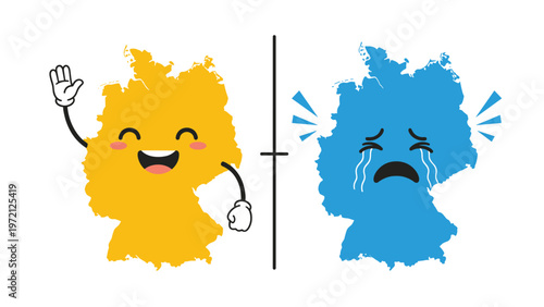 Comparison illustration showing a happy yellow map of Germany and a crying blue map of Germany separated by a black line.