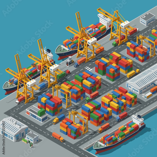 Isometric Cargo Port Illustration - Ships, Cranes, and Container Stacks.