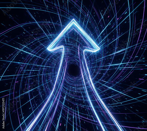 Glowing digital arrow ascending through a futuristic data tunnel, representing accelerated growth, technological evolution, and the boundless potential of cyberspace