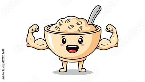 Muscular bowl of oatmeal character showing off its strong arms to represent the health benefits and energy from breakfast.
