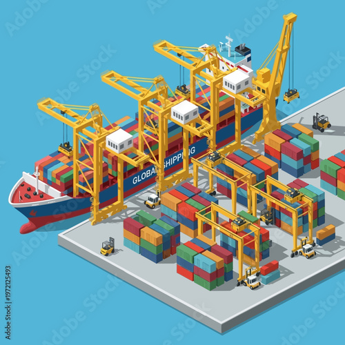 Isometric Cargo Ship Unloading Containers at Port Terminal.