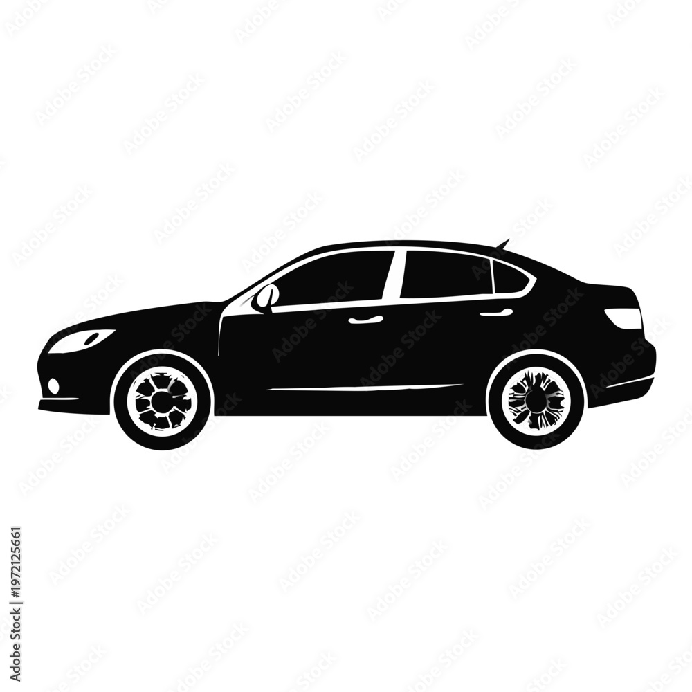Fototapeta premium Modern sedan car silhouette profile. Black vehicle side view vector illustration. Minimalist flat design isolated on transparent background