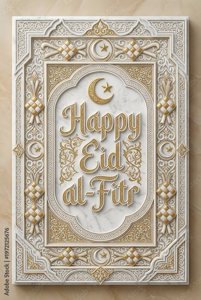 Obraz premium Elegant White Gold Happy Eid al Fitr Islamic Frame with Crescent Ornamental Design