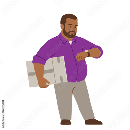 Man in purple shirt checks watch while carrying large package indoors