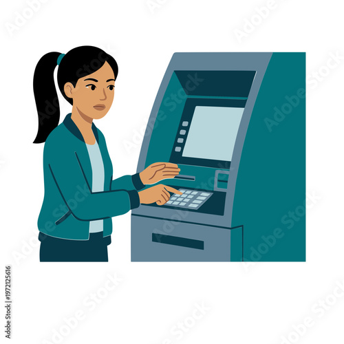 Woman using an ATM machine in a bank