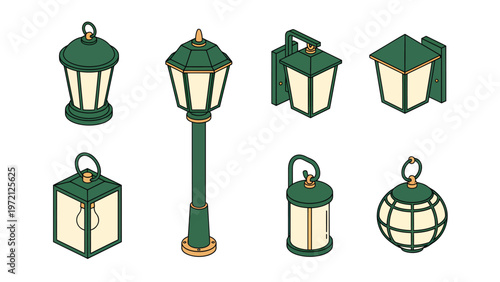 Isometric Vector Set: Vintage Green Lanterns & Streetlights for Park, Garden & Outdoor Lighting Design Elements