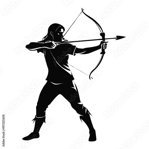 Archery silhouette of an archer with bow and arrow. Dynamic sports vector illustration. Athlete aiming at target isolated on transparent background