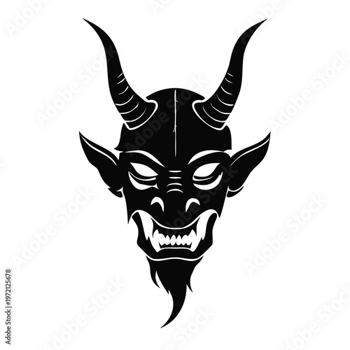 Devil head silhouette vector illustration. Demonic mascot with horns and fangs. Mythological creature icon isolated on transparent background