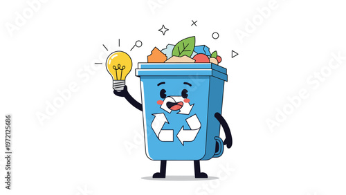 Cheerful blue recycling bin character holding up a glowing lightbulb to represent bright ideas for environmental protection.