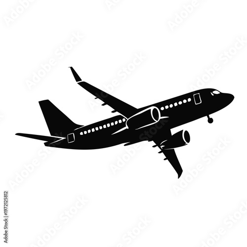 Airplane silhouette in flight. Commercial passenger aircraft vector illustration. Aviation and travel symbol isolated on transparent background
