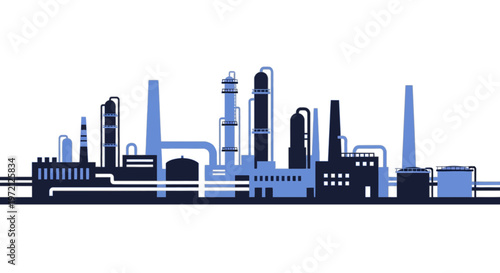 Industrial oil refinery plant illustration with distillation towers and pipelines in flat design style.