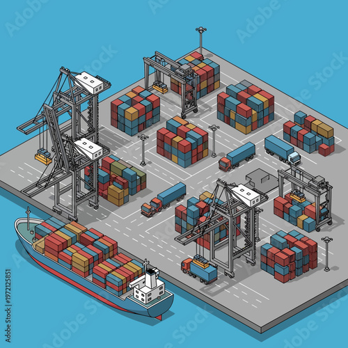 Isometric Illustration of a Busy Container Port with Cargo Ship.