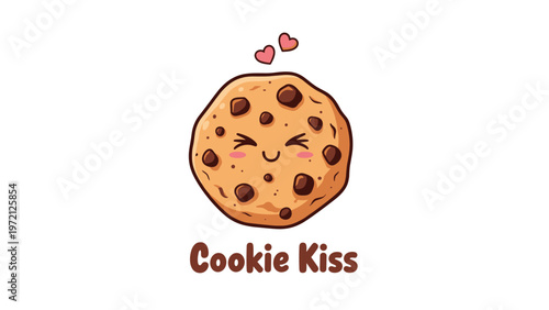 Sweet chocolate chip cookie character with closed eyes and pink cheeks under two hearts with the text cookie kiss below.