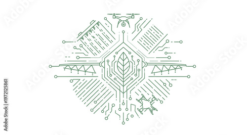 Abstract illustration of technology and nature elements in a line art style