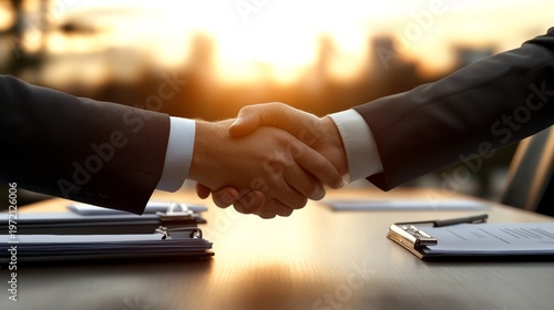 businessmen shaking hands over a desk with documents, golden sunset light illuminating the office background.