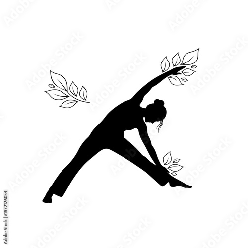 Yoga practice in nature with abstract leaves, silhouette of woman stretching