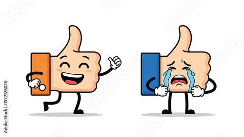 Comparison of a happy thumbs up character walking and a crying thumbs up character showing different reactions or feedback.