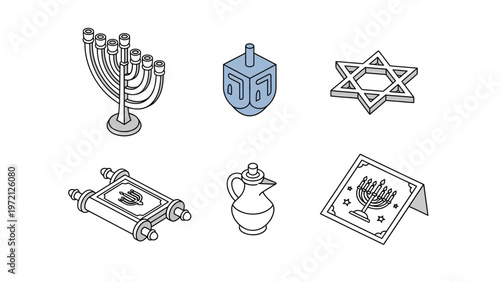 Isometric Jewish & Hanukkah Symbols Icon Set: Menorah, Dreidel, Star of David, Torah Scroll, Oil Jug