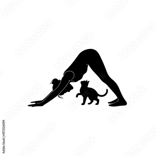 Woman practicing yoga, downward dog pose with cat, healthy active lifestyle