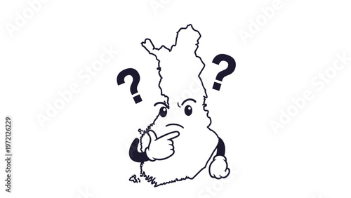 Thinking map of Finland character in outline style looking at question marks to represent curiosity or geographical questions.